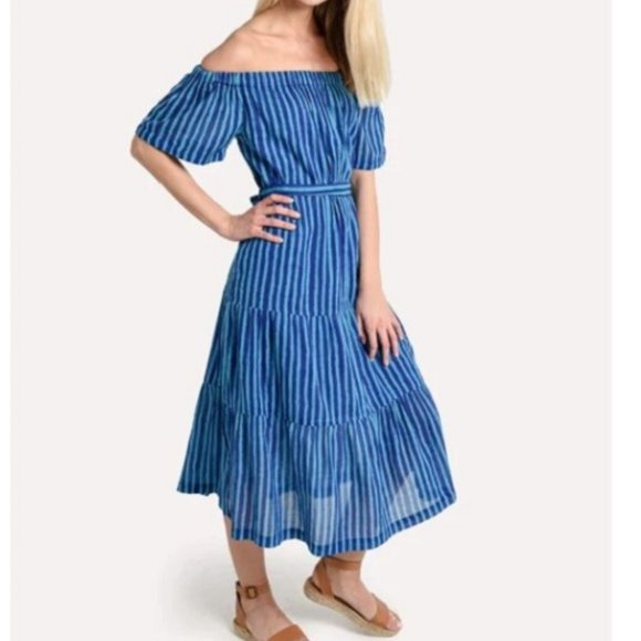 Oliphant Blue Striped Off The Shoulder Beach Boho Midi Dress - Picture 1 of 13